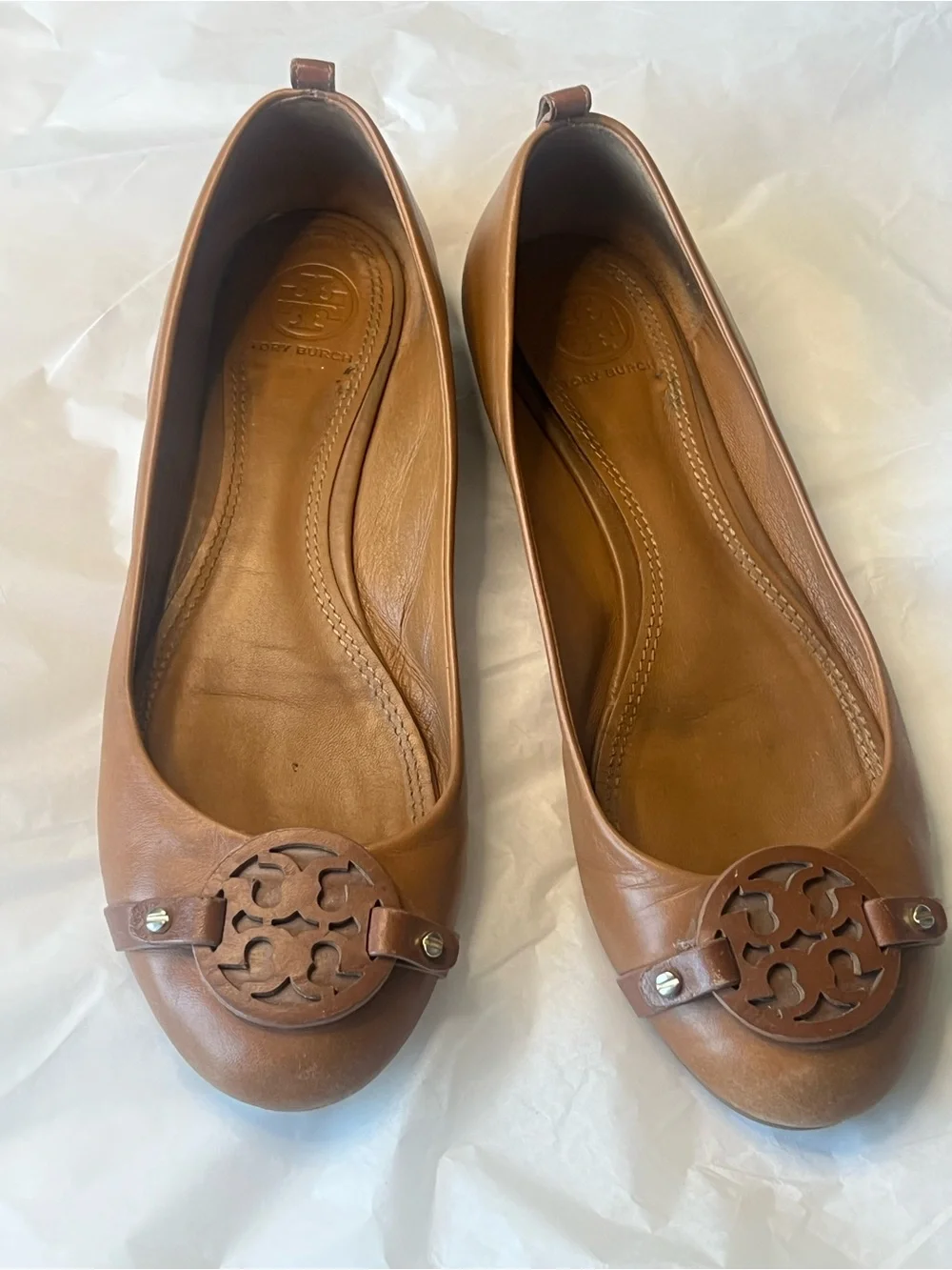 Tory Burch Tan Leather Logo Ballet Flats